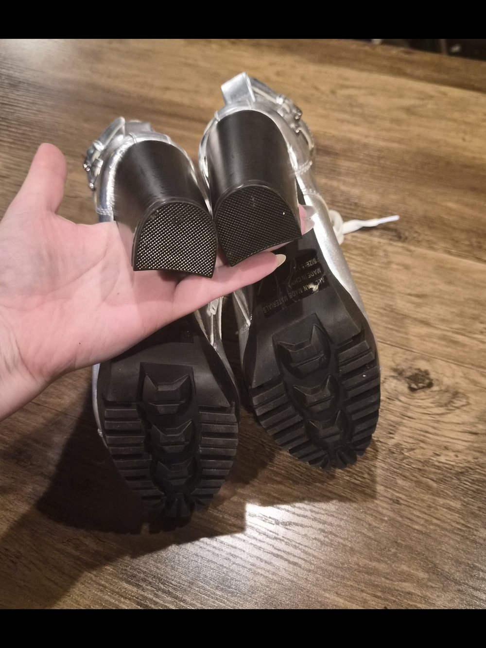 Dolls Kill Silver Metallic Lace-Up Chunky Heel Ankle Boots - Picture 2 of 3